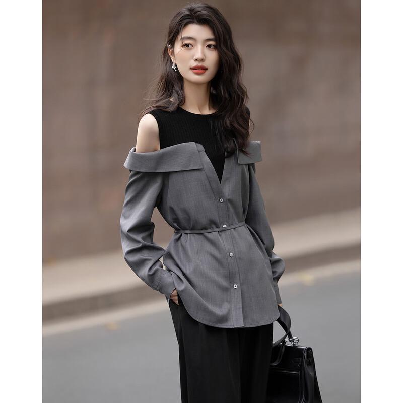 Women's Off-Shoulder Faux Two-Piece Spliced Belted Blouse