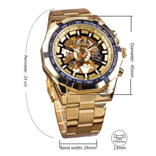 Forsining Men's Mechanical Watch with Golden Stainless Steel Skeleton, Transparent and Waterproof