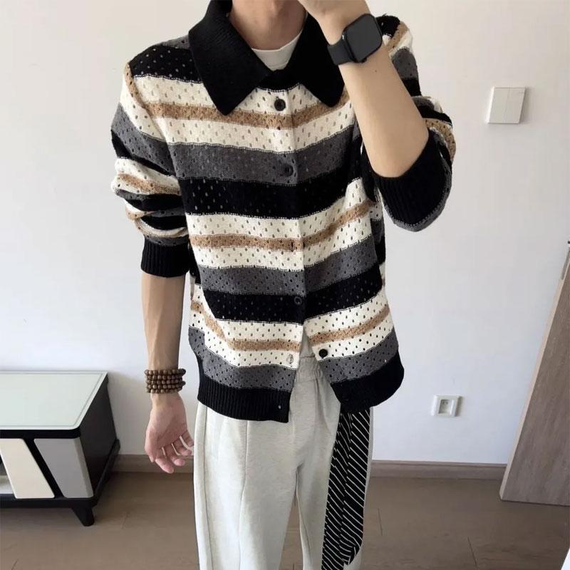 

Корейские полосатые контрастных цветов свитера Мужская одежда Мода Ажурный Вязаный кардиган с воротником поло Винтаж Осень Зима L бежевый