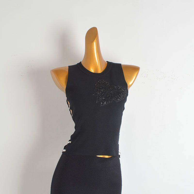 Stylish Exquisite Rhinestone Bows Knitting Vest Women's Summer New Arrival Silm Bilateral Cut Out Bottoming Shirt Tops