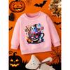 Kids Crewneck Sweatshirt, Cartoon Pumpkin Cup & Wizard Hat Ghost Print
