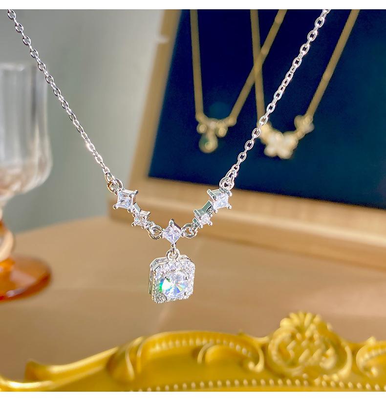 Shiny Luxury Square Diamond Titanium Steel Clavicle Necklace For Women