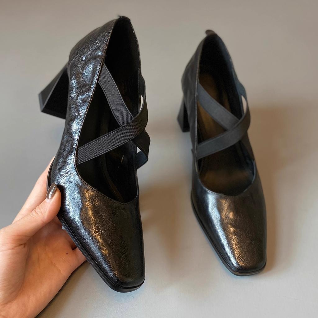 Maillard style premium design cross elastic high heel single shoes light mouth small leather shoes