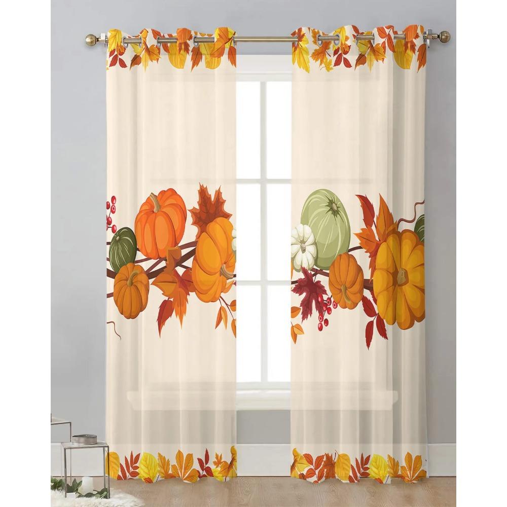Thanksgiving Pumpkin Maple Leaf Sheer Drapes for Living Room Decoration Window Curtain Kitchen Curtain Panels