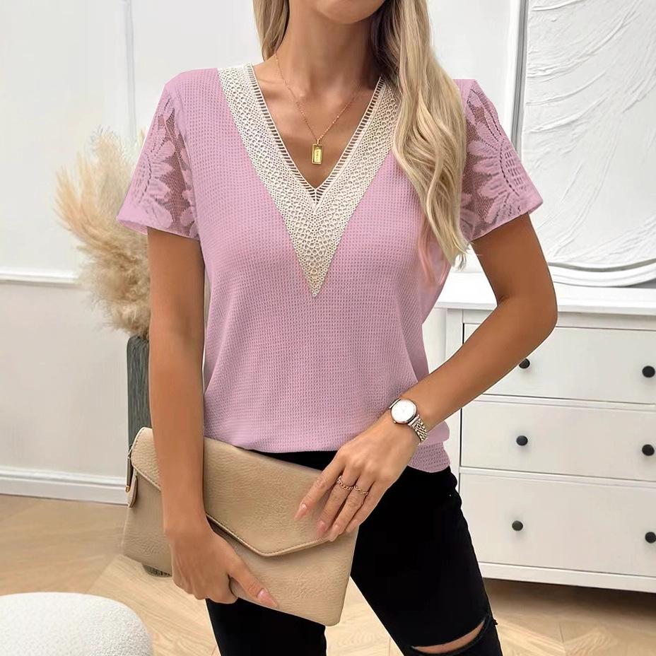 European-American Women's Casual V-Neck Short-Sleeved Lace Patchwork Henley Top