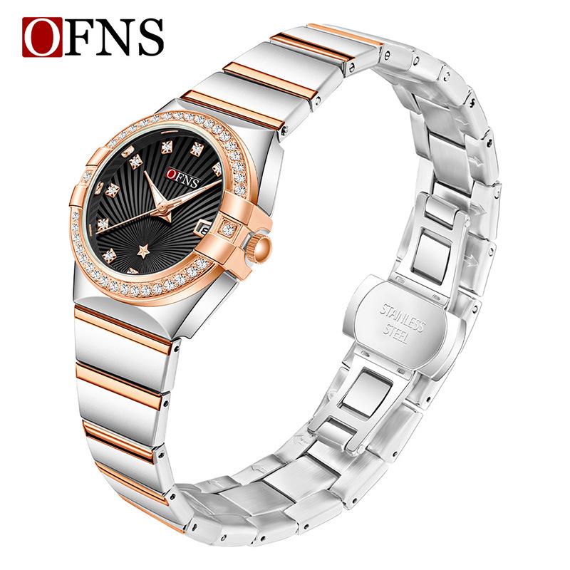 OFNS Women's Luxury Quartz Watch: Diamond-Inlaid Round Dial, Calendar, Waterproof, Luminous, Elegant Design.