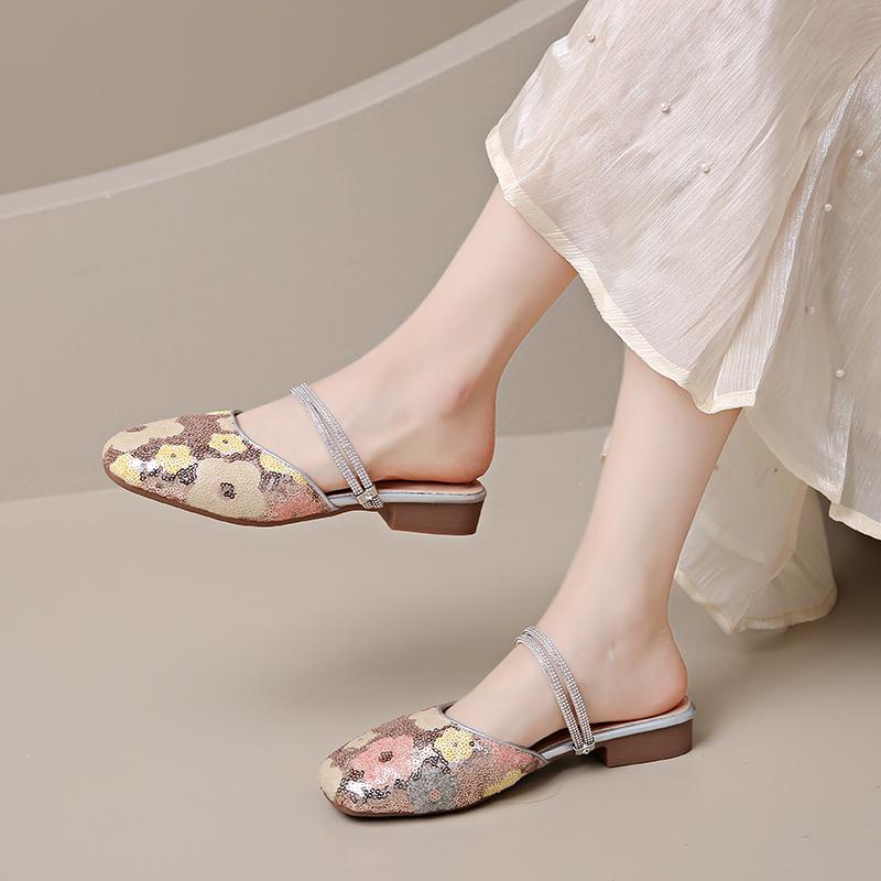 Summer New Floral Sequin Wrapped Slippers Women's Square Heel Flat Embroidered Rhinestone Sandals Two Wear