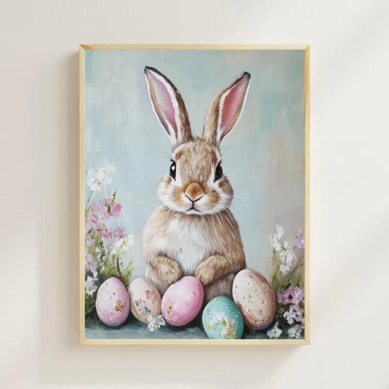 Easter Bunny Prints Wall Art, Retro Spring Rabbit Decor, Holiday Illustration, Easter Nursery Print, Whimsical Bunny Artwork 21X30CMNo Framed