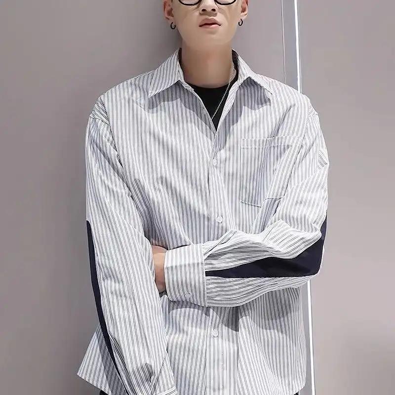 

Men New American Style Striped Printed Cargo Shirt Fashion Design Long Sleeve Turn Down Collar Shirt M синій