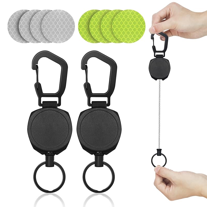 

[DMEEK] set of 2 reel keychain powerful key chain With reflective tape multifunctional Elastic reel type key reel Loss prevention carabiner key ring
