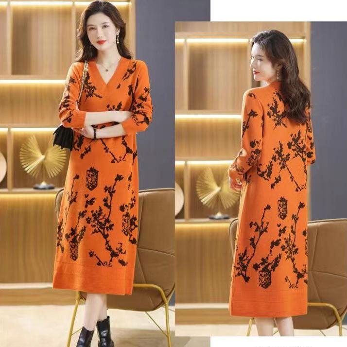 Jacquard V-Ausschnitt Strickkleid für Damen Midilänge Lockerer Pulloverkleid für Herbst und Winter Lässiger Strickpullover