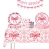 Pink Bow Girl Birthday Party Tableware Set: Paper Cups, Plates, Napkins, and Tablecloth.