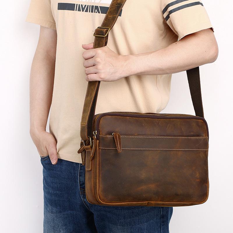 Crazy Horse Leather Men s Genuine Leather Crossbody Bag Retro Top Layer Cowhide Shoulder Bag Zipper Multi-layer Casual Trendy Men s Bag
