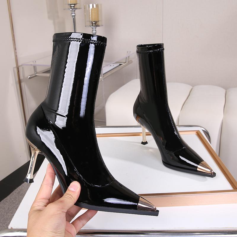 Fashion Metal pointed high-heeled short boots for women new single boots, slim heels, sexy nude boots, elastic patent leather slim boots