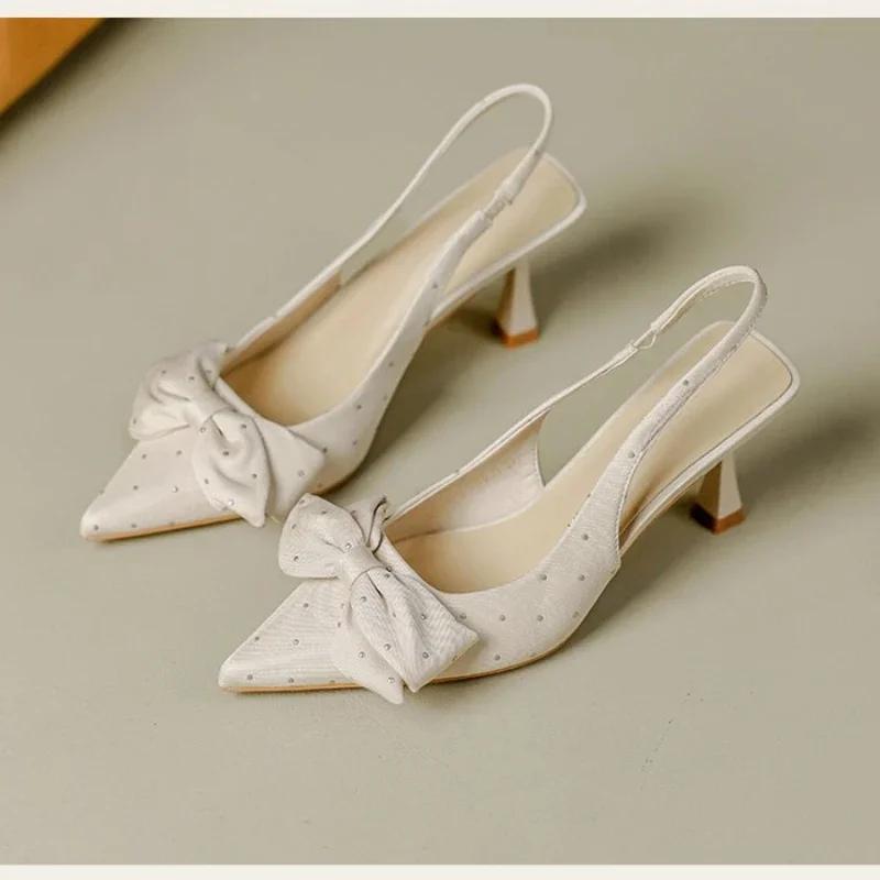 Bow Patent Leather Slingbacks Heels  New Temperament Women Stilettos Shoes Elegant Pointed Toe Loop Strap Pumps For Woman