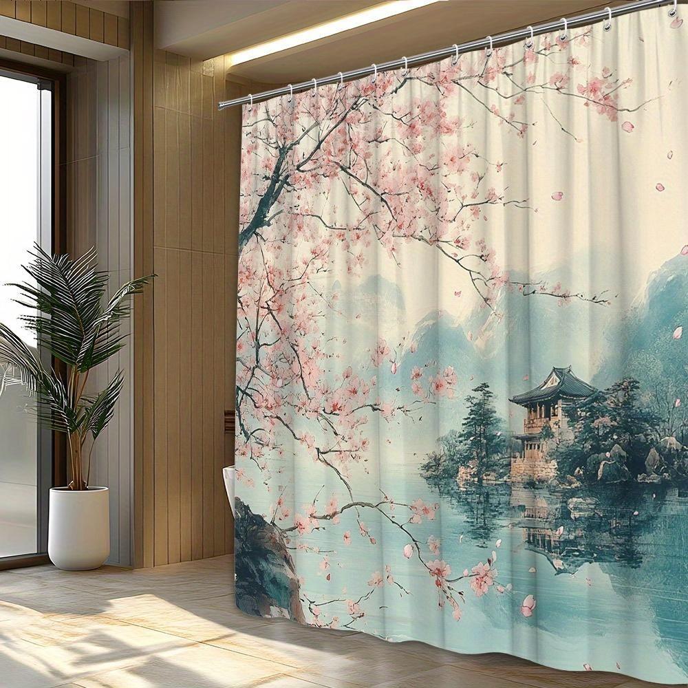 Cherry Blossom Pagoda Shower Curtain, Asian Design, Polyester, 12 Hooks, Machine Washable, Bathroom Decor