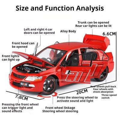1:24 Mitsubishi EVO9 Car Model Toy Wheel Steering Metal Body Plastic Chassis Sports Cars Models Sound Light Gifts for Boyfriend