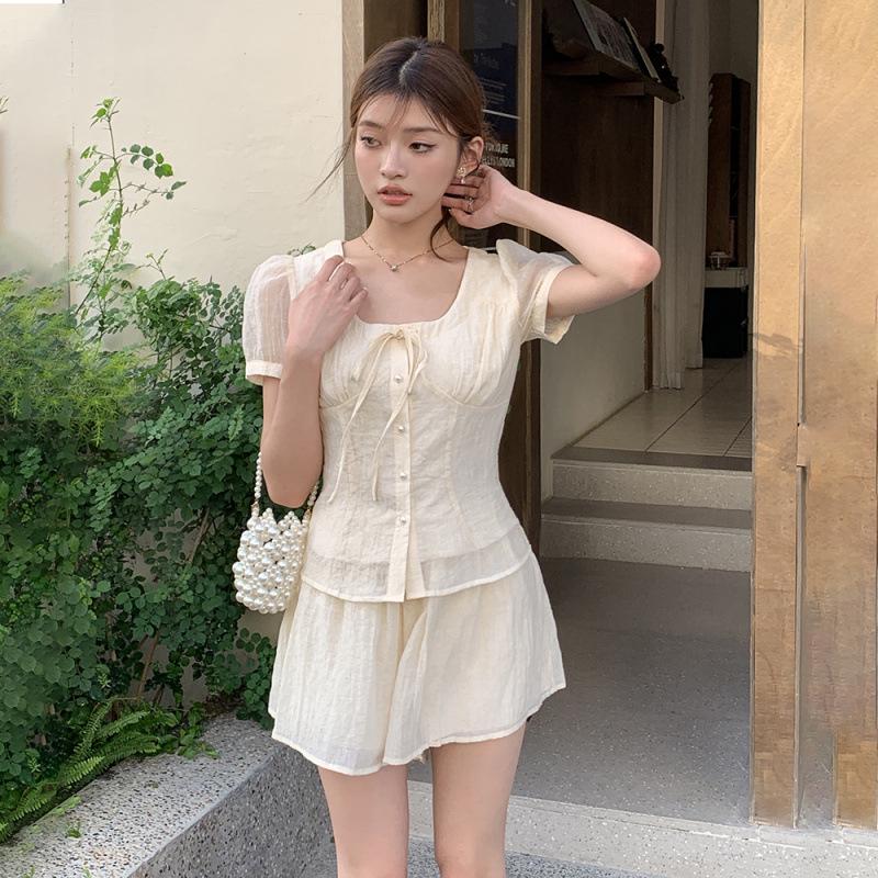 

2024 Summer French Square Neck Shirt & A-line Skirt Set for Women Large абрикосовий