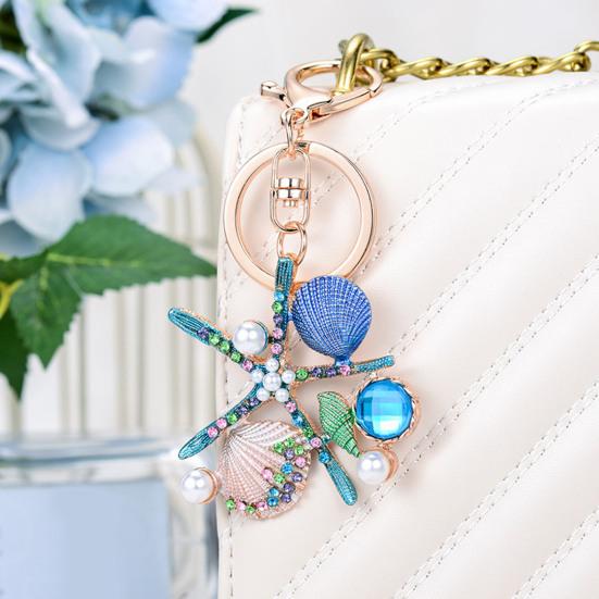 Rhinestone Starfish Keychain Sparkling Shell Faux Pearl Keyring Pendant for Purse Backpack Accessory Gift for Friends