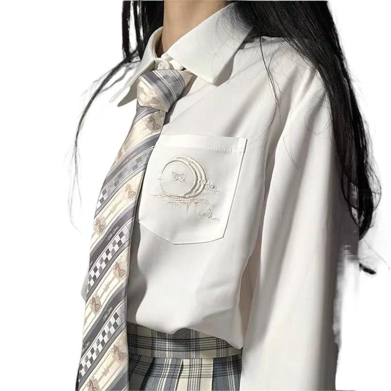 Women's Long Sleeve Embroidered Crane School-Style Shirt