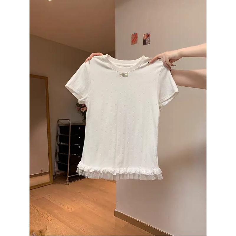 Ballet Style Lace Splicing Right Shoulder Short-sleeved T-shirt for Women Summer New Temperament Slimming Top