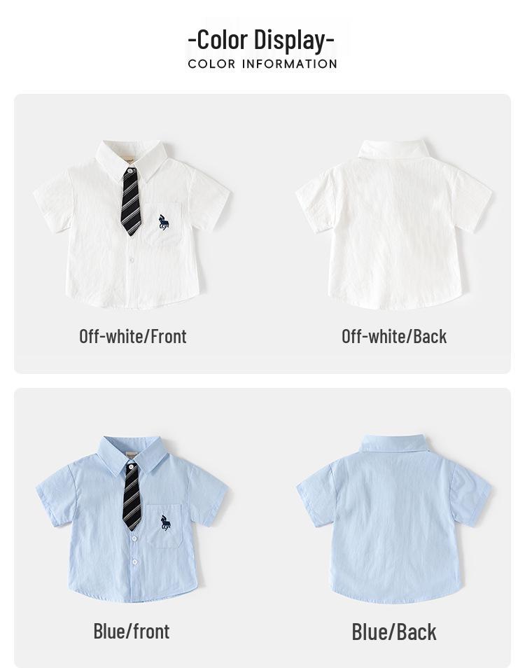 2026 Boys' Summer Short Sleeve Embroidered Shirt with Removable Tie