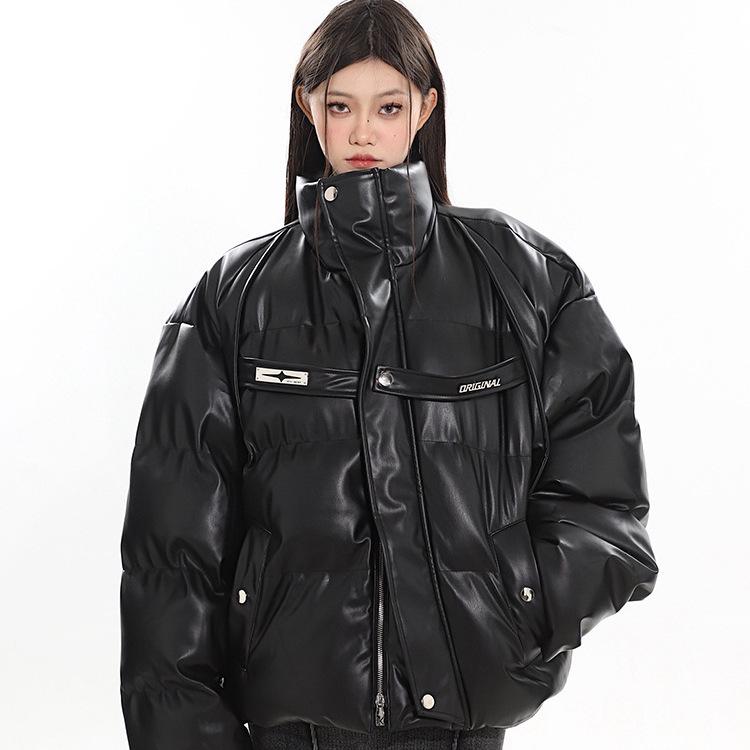 

2024 Oversized Deconstructed PU Leather Winter Jacket for Couples Extra Large абрикосовий