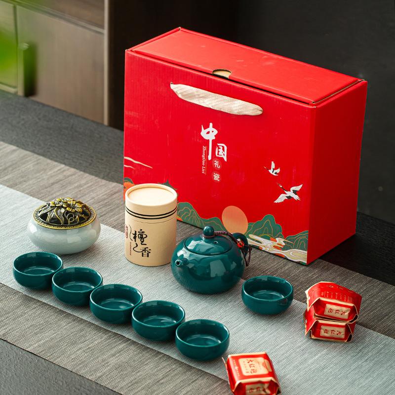 Guochao Business Cultural Gift Tea Set a Pot 6 Cups Celadon Xishi Pot Incense Sandalwood Combination Set a Piece of Hair
