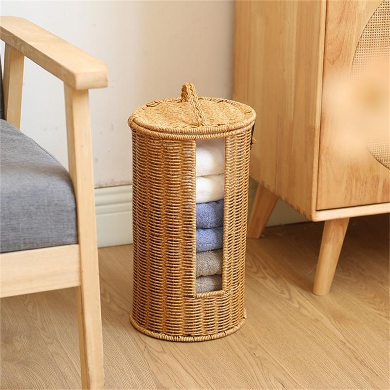 Handgewebter Zylinder Aufbewahrungskorb Badezimmer Organizer für 3 Rollen Toilettenpapier Freistehendes Badregal Dekoration