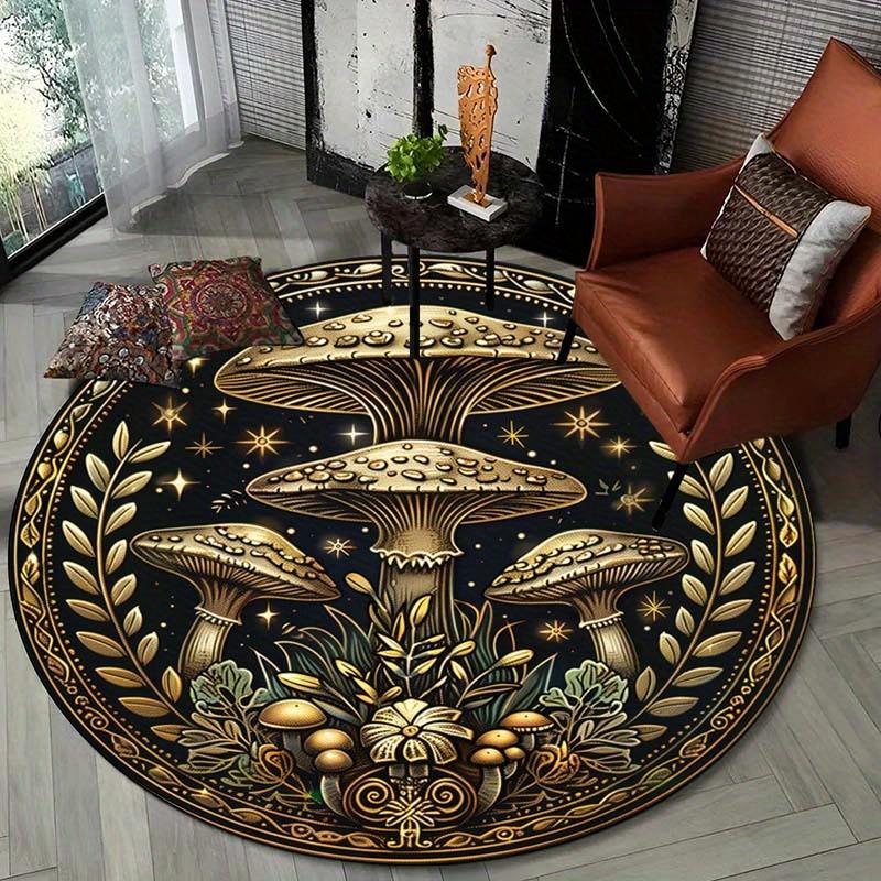 Fashion Golden Mushroom Pattern Round Rug, Non-Slip Washable Anti-Shedding Carpet for Living Room Bedroom Office Decor