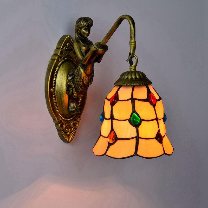 European Stained Glass Mermaid Wall Lamp Bedroom Bedside Lamp Retro Creative Dining Room Balcony Aisle Staircase Light