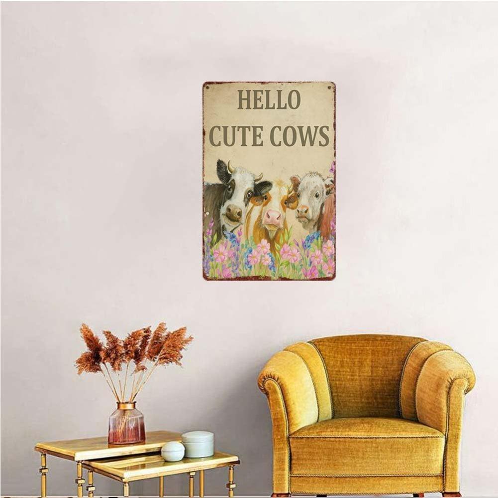 Vintage Metal Sign Hello Cute Cows Decorative Sign Aluminum Wall Art 12x8inch for Farmhouse Kitchen Bedroom Office Signs