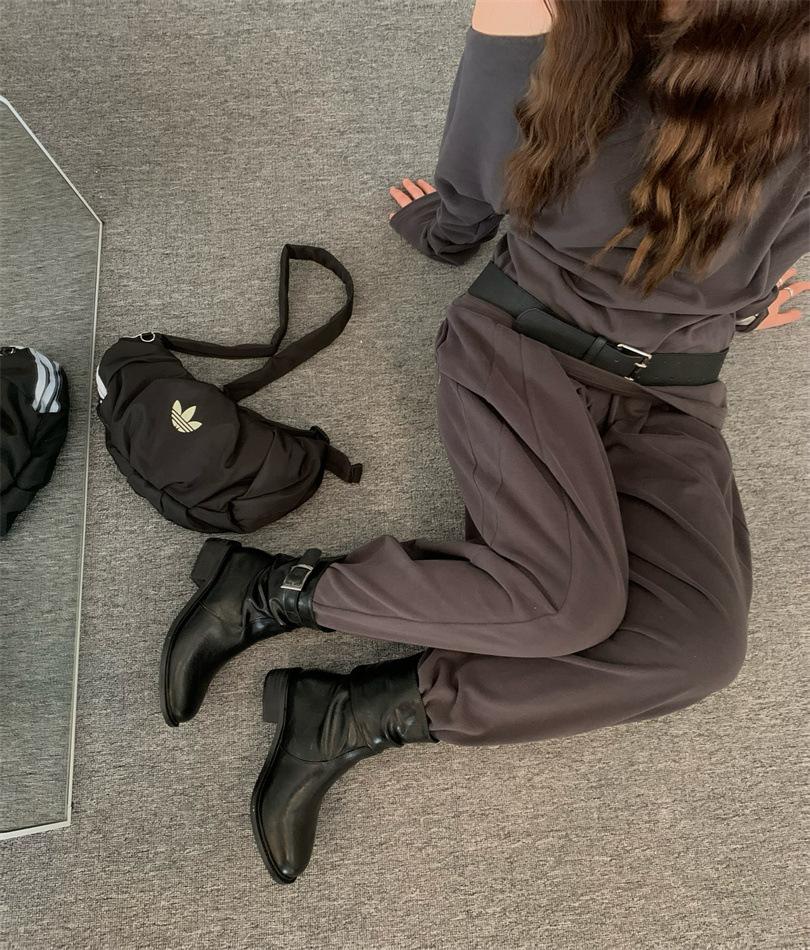 ~ Design niche western cowboy boots round head wide tube folded flat bottom belt buckle short boots women's knight boots