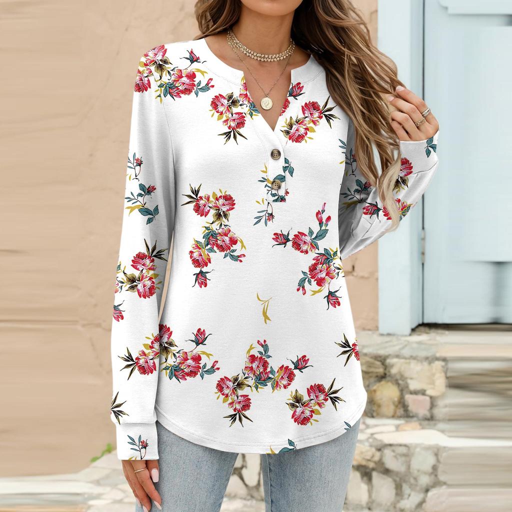 Women's Fashion Casual Floral Print Long Sleeve T-Shirt Pullover Top