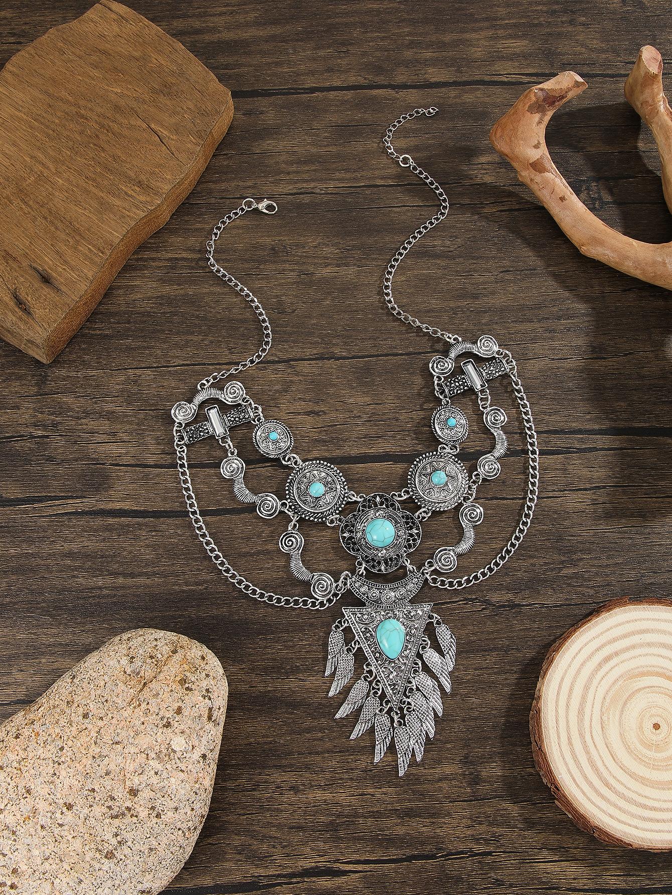 

Ожерелье Украшение Ретро Этнический Стиль Полая Резьба Бирюзовые Крылья Бахрома Преувеличенное Ожерелье Женское