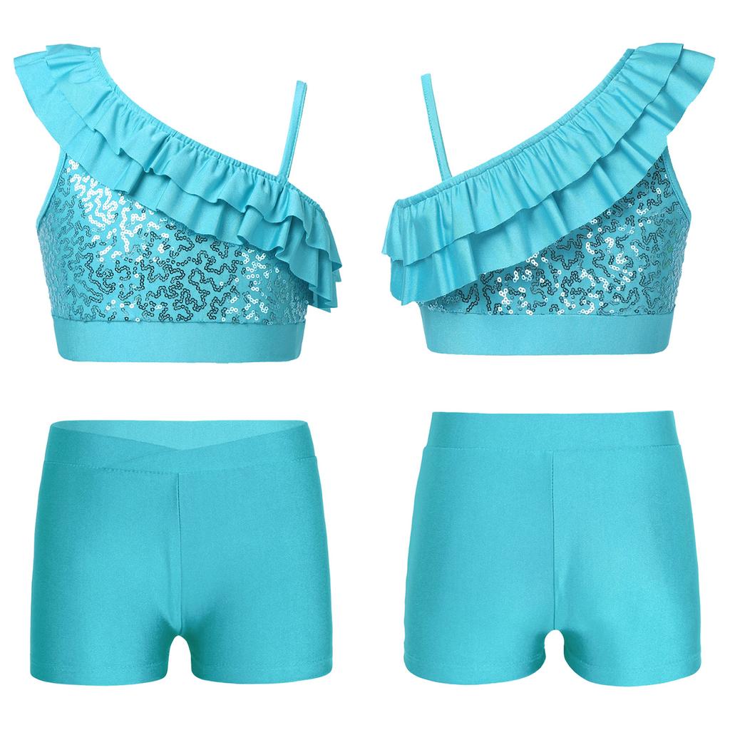 Glossy Sequin Asymmetrical Ruffled Shoulder Top and Shorts 2Pcs Dance Costume Set for Kids Girls