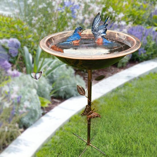 Metal Retro Bird Bath Feeder Bowl with 5-Prong Stake Detachable Decorative Birdbath Garden Water Feeder for Patio Yard Decor