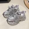 Large size dad shoes women 2025 silver new autumn mesh versatile thick sole breathable height increase casual sports shoes 42