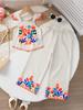 2pcs Girls Ethnic Floral Pattern Short Sleeve Top with Long Pants Casual Outfit Suitable for Spring Summer Season Outdoor Wear