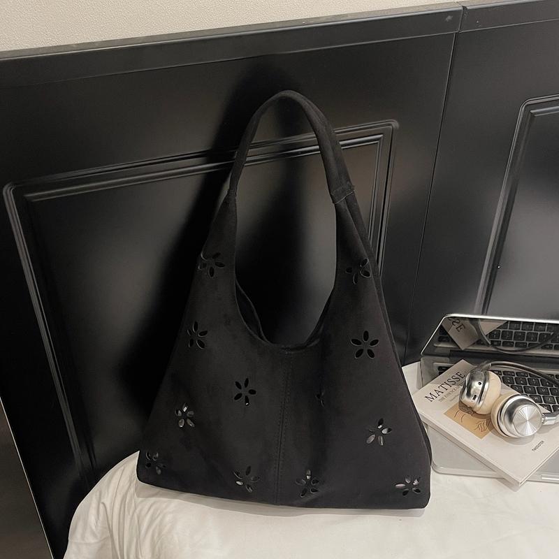 Floral Cutout Suede Hobo Bag with Open Top Design Large Capacity Fashion Shoulder Bag