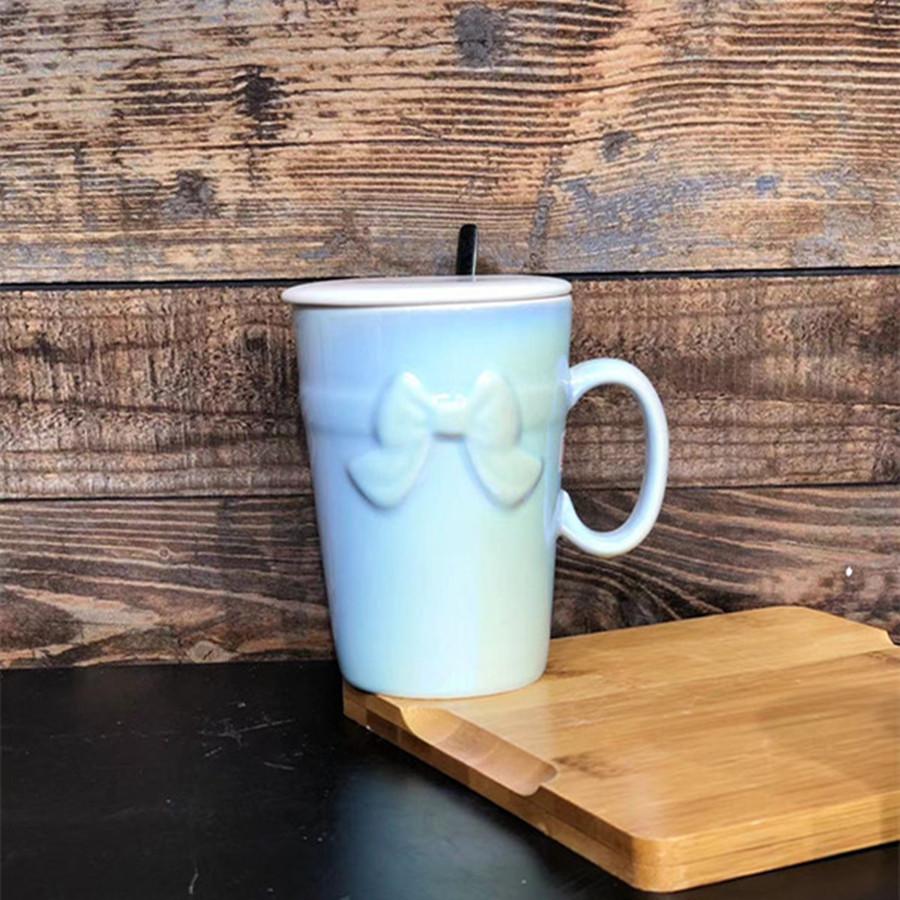 Light Luxury Colorful Relief Bow Mug with Cover Spoon Ceramic Mug