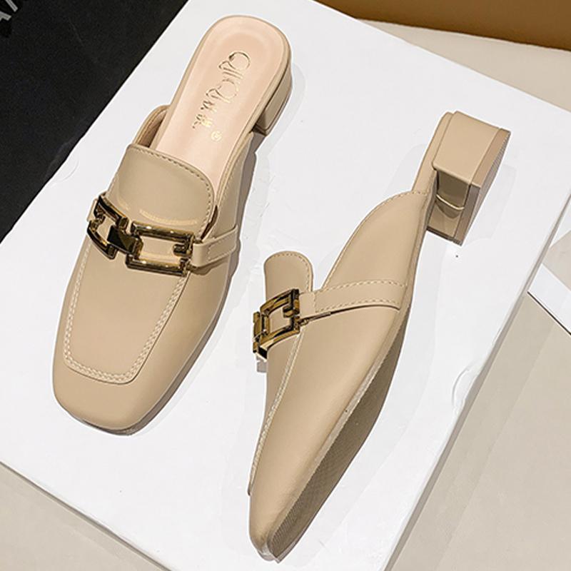 

Весенняя женская обувь, тапочки с толстой цепочкой, новые сандалии с открытой пяткой, модные женские шлепанцы из искусственной кожи, повседневные шлепанцы с квадратным носком