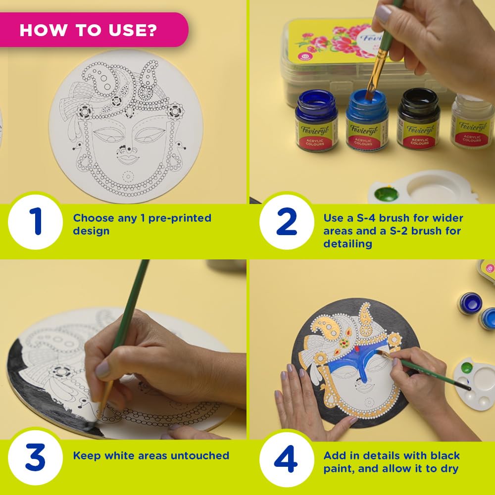 Fevicryl Pichwai Art Kit DIY Painting with Pre Printed MDF Boards Acrylic Paints Brushes Rhinestones for Beginners Gift