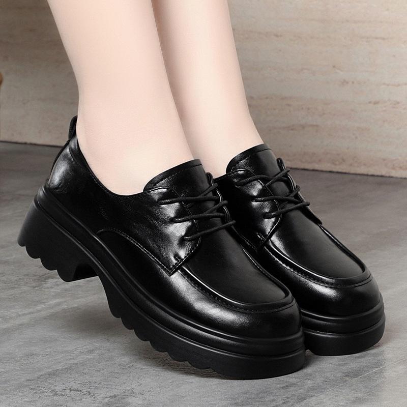 Coarse Heel Women's Shoes British Style Small Leather Shoes Women's Spring and Autumn Lace-up Loafers Versatile Round Head Platform Single Shoes