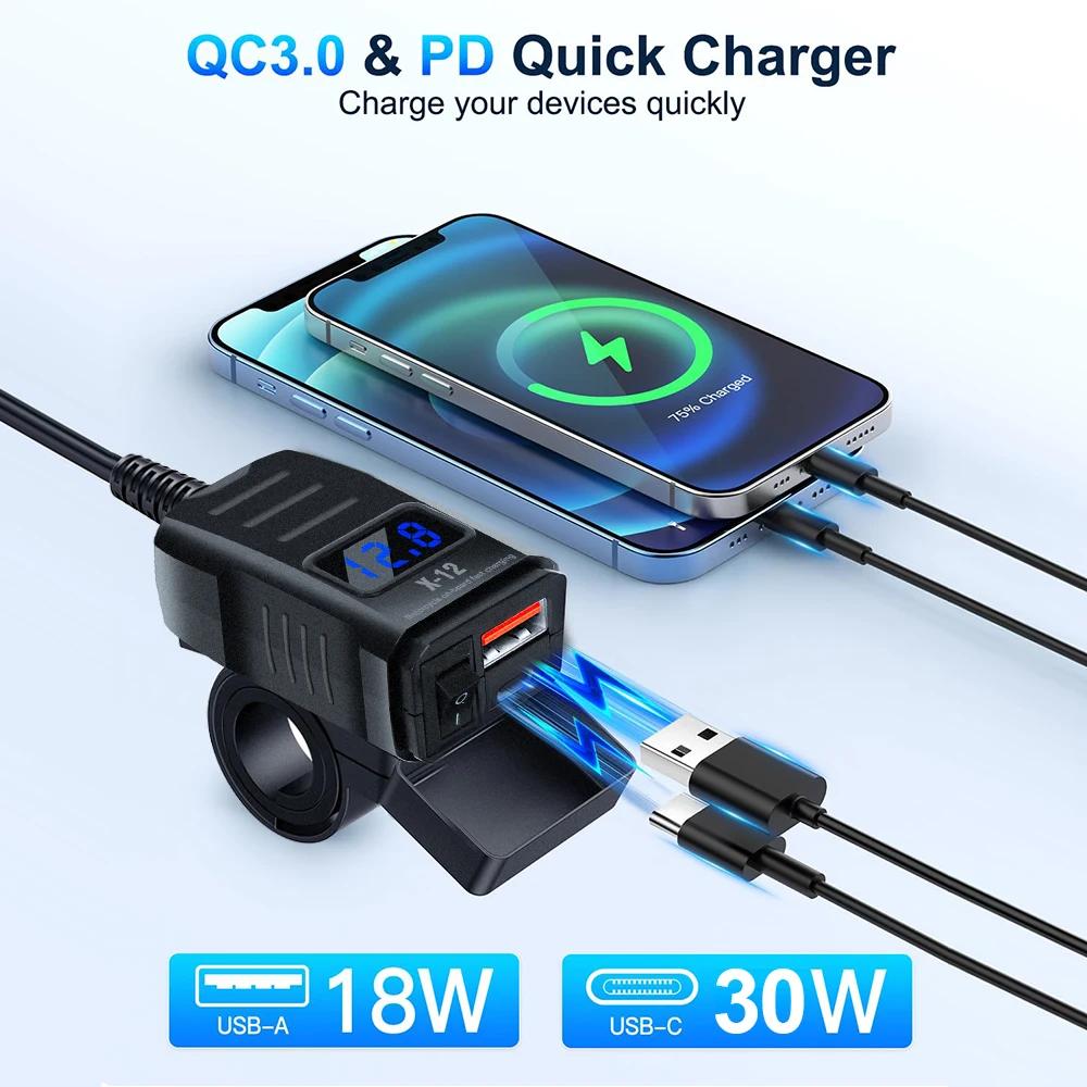 48W PD QC3.0 Motorcycle Charger Dual Ports with Voltmeter & Switch 12V-24V USB Type C Waterproof SAE Handlebar Power Adapter