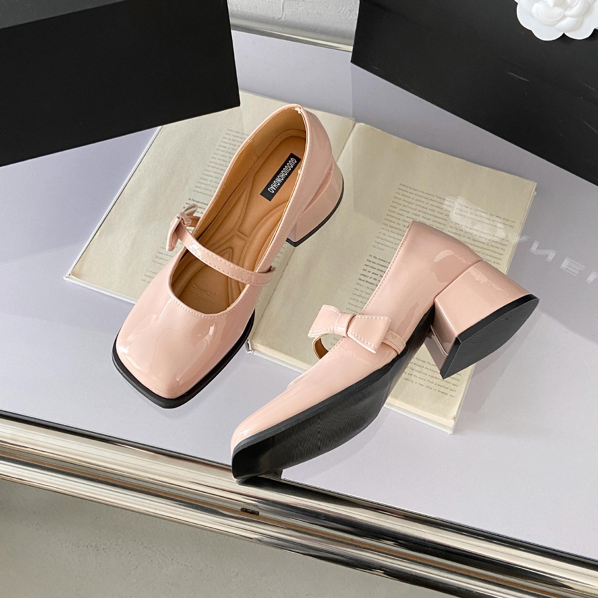 

Spring new cross-border fashion high heels wholesale one-word bow Mary Jane small leather shoes thick heel single shoes women 40
