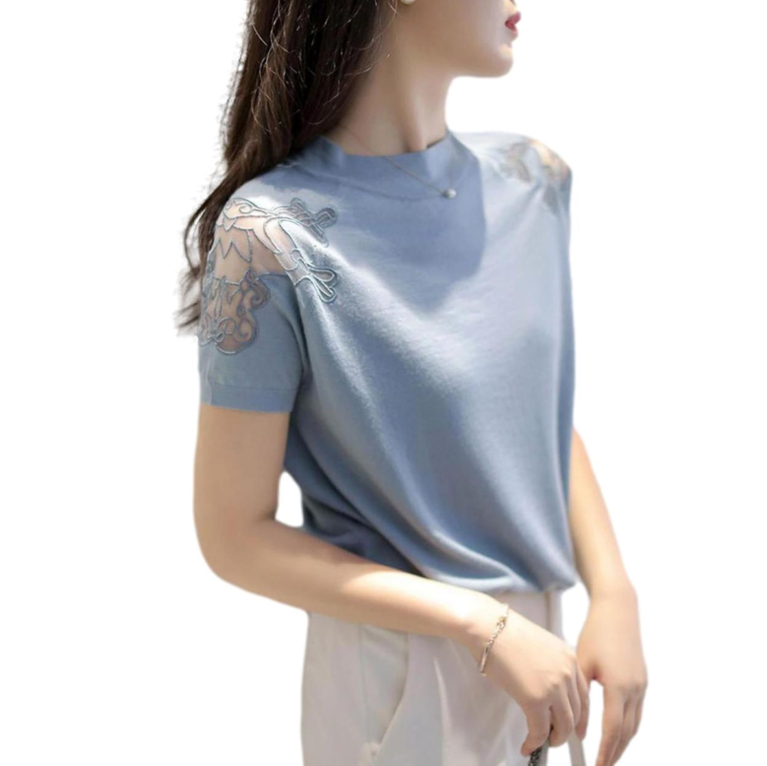 

Летний вязаный топ для короткого кружевного круглого прохладного [Голубой берилл] Женский, Рукав, Переключение, Прозрачный, Горловина, Тонкий, Вязаный, Голубой, BB043-BL-M синий