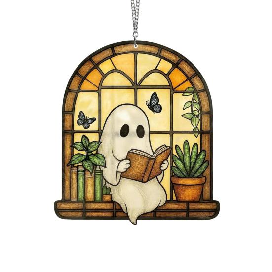 Halloween Acrylic Suncatcher Adorable Ghost Reading Book Pendant Black Cat Teacup Spooky Window Hanging Decoration for Home Parties Festivals