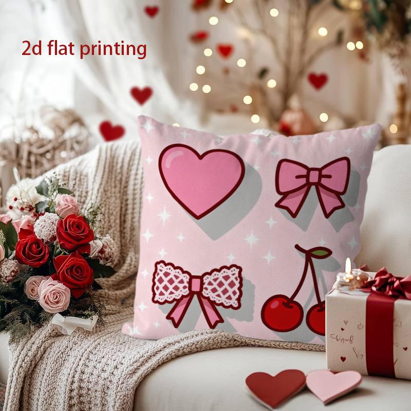 Heart, Bow & Cherry Decorative Pillow Cover Pattern Cushion Cover Suitable for Sofa Bedroom Car Pillow Cover