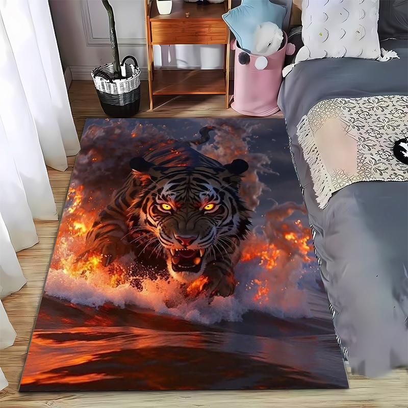 Fierce Tiger Design Carpet with Fire and Water Elements, Dark Style Suitable for Use As an Anti-slip for Living Room Bedroom Sofas